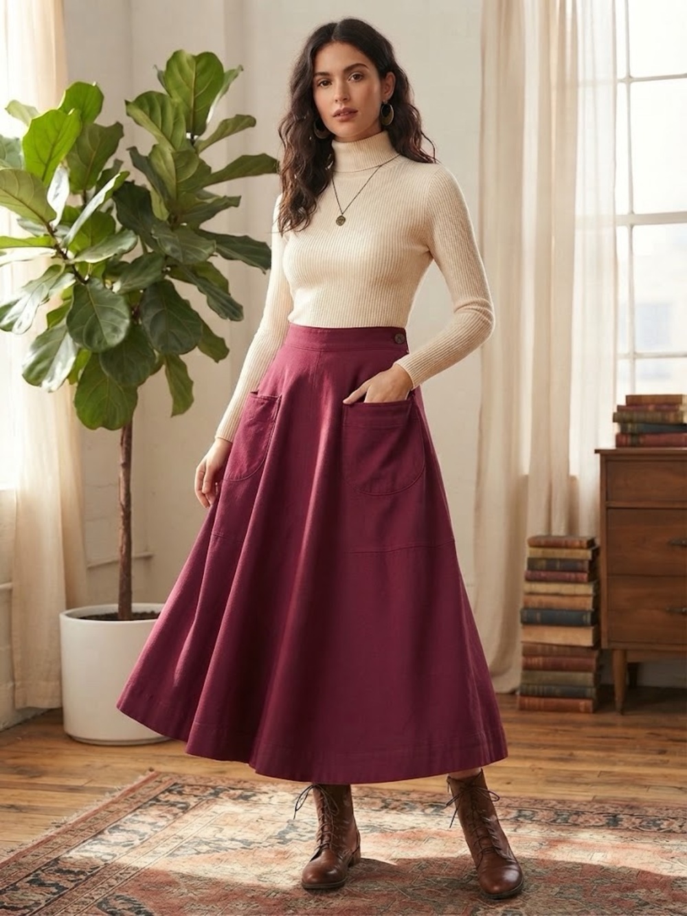 J. Peterman Burgundy Maxi Skirt with Front Pockets